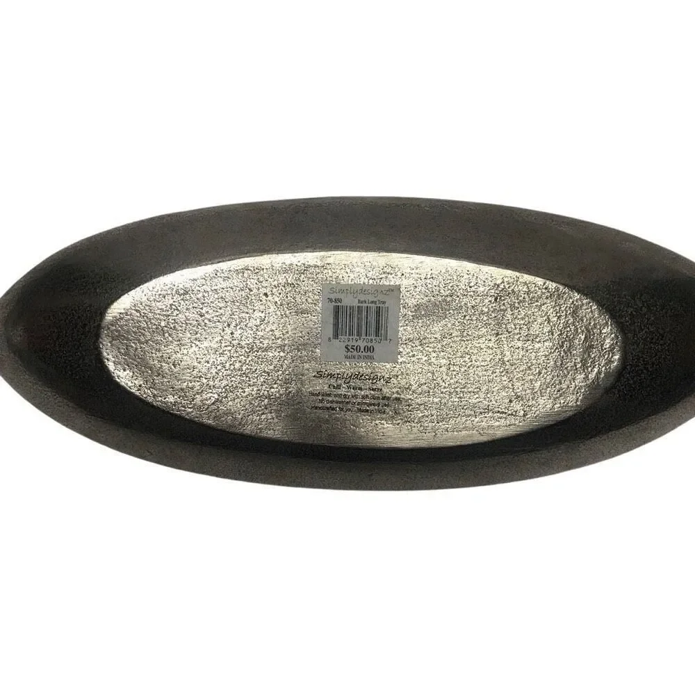 Simply Designz Silver Tone Bark Like Design Long Serving Tray Dish Home Decor